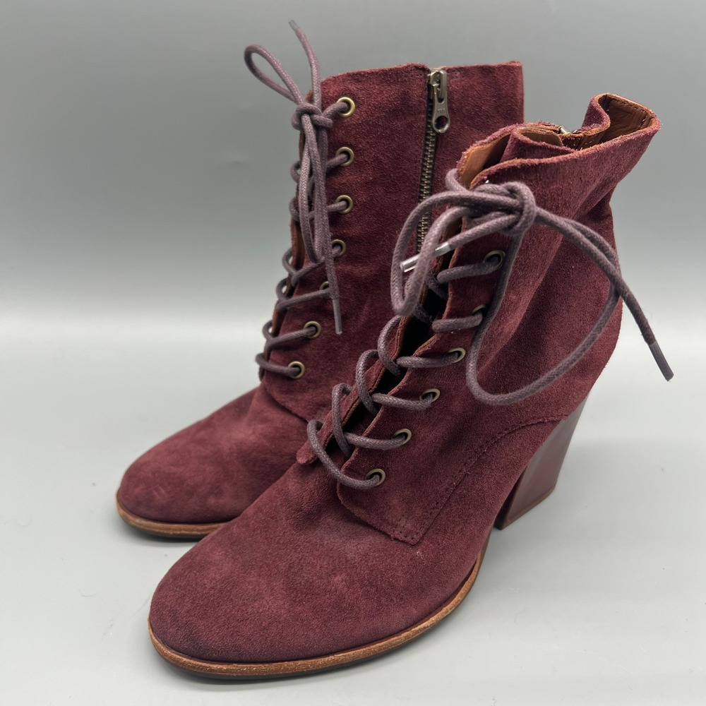 Kork-Ease Elfa Burgundy Suede Laceā Up Ankle Boots Block Heel K63647 Womens 8M